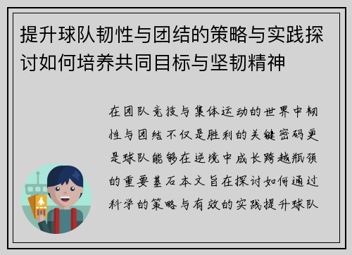 提升球队韧性与团结的策略与实践探讨如何培养共同目标与坚韧精神